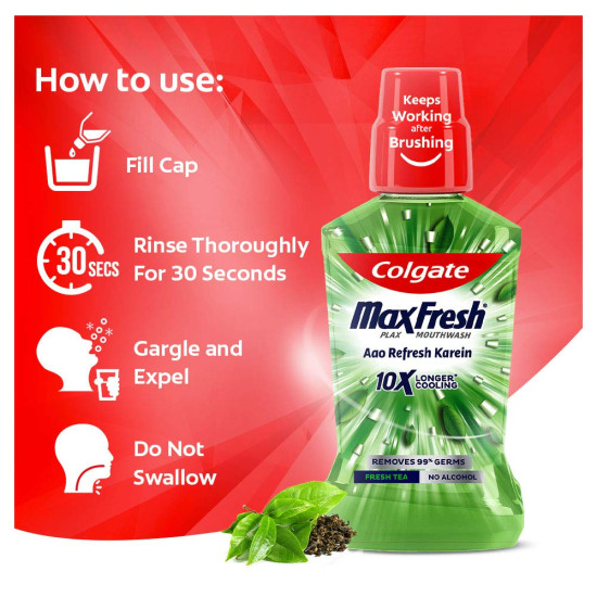 Colgate Maxfresh Plax Antibacterial Mouthwash, 24/7 Fresh Breath with Natural tea extracts - 500ml, (Fresh Tea)