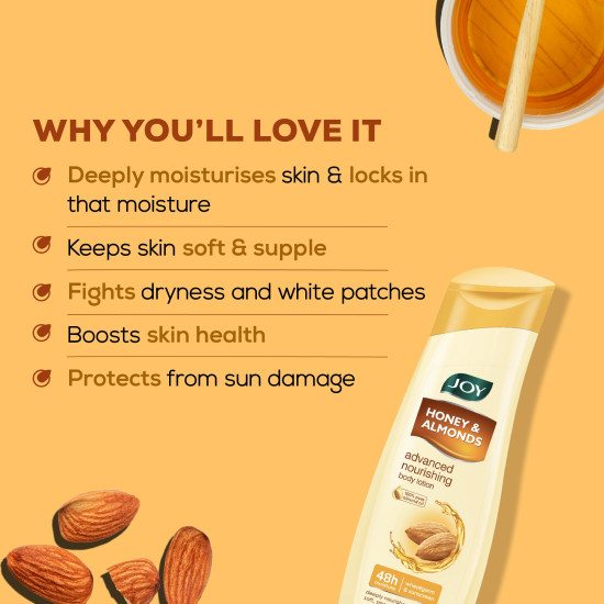 Joy Honey & Almonds Advanced Nourishing Lightweight Summer Body Lotion 300ml With Shea Butter For Summers | Natural Sunscreen Filters | Suitable for Normal to Dry Skin