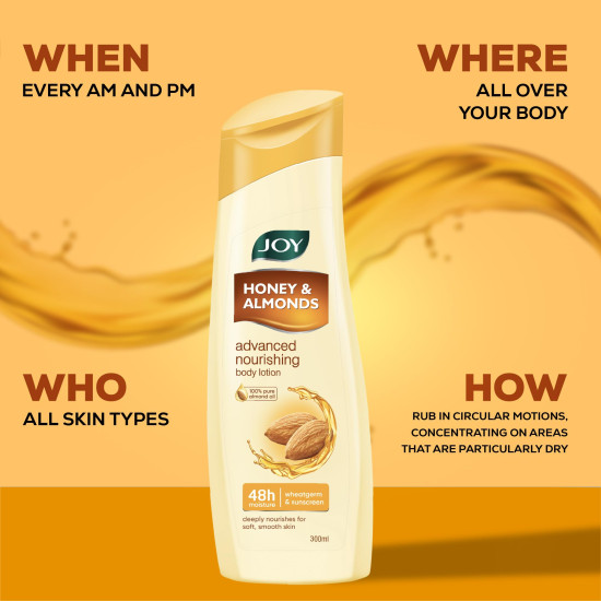 Joy Honey & Almonds Advanced Nourishing Lightweight Summer Body Lotion 300ml With Shea Butter For Summers | Natural Sunscreen Filters | Suitable for Normal to Dry Skin