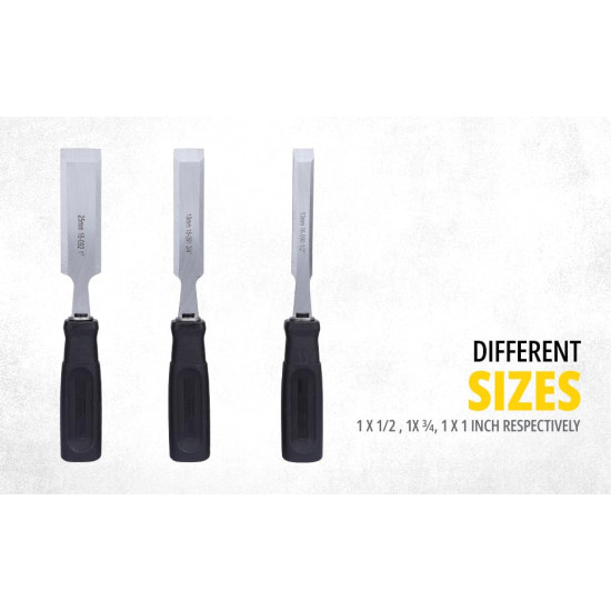 STANLEY 16-089 3-Piece Wood Chisel Set with Anti-Rust Properties for Shaping & Cutting Wood Surfaces - 1/2x7 3/4,3/4x7 3/4,1x7 3/4, GREY & BLACK (Made in Singapore)
