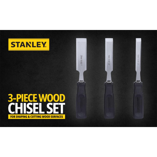 STANLEY 16-089 3-Piece Wood Chisel Set with Anti-Rust Properties for Shaping & Cutting Wood Surfaces - 1/2x7 3/4,3/4x7 3/4,1x7 3/4, GREY & BLACK (Made in Singapore)
