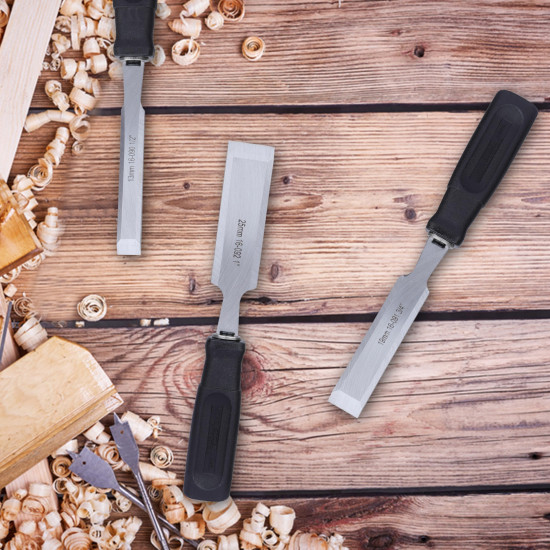 STANLEY 16-089 3-Piece Wood Chisel Set with Anti-Rust Properties for Shaping & Cutting Wood Surfaces - 1/2x7 3/4,3/4x7 3/4,1x7 3/4, GREY & BLACK (Made in Singapore)