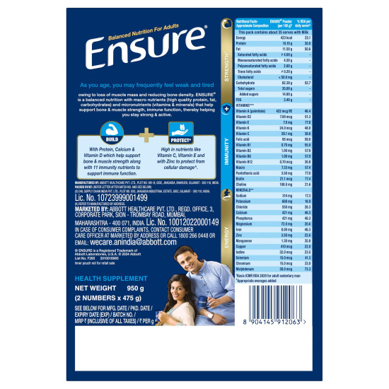 Ensure No 1 Nutritional Supplement Drink in the world, 32 nutrients High Protein,Calcium,Vit D, Vanilla 950g/1kg, Wt may vary, Powder, 1 count, 35 servings