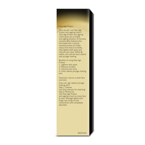 Olay Age Protect |with Salicylic Acid, Aloe Vera Extract, BHA |Stimulates skin's renewal process, gives radiant, younger looking skin |Suitable for Normal, Dry, Oily & Combination skin |18 gm
