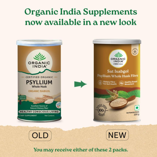 A TATA Product - Organic India Sat Isabgol Psyllium Whole Husk Powder - 100g, With Dietary Fiber, Supports Heart Health & Digestive System, Gluten Free, Non-GMO Project Verified, NPOP & USDA Certified