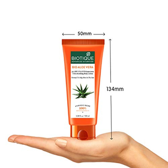 Biotique Bio Aloe Vera 30+ Spf UVA/UVB Sunscreen Ultra Soothing Body Lotion For Combination Skin, 50Ml, Pack Of 1