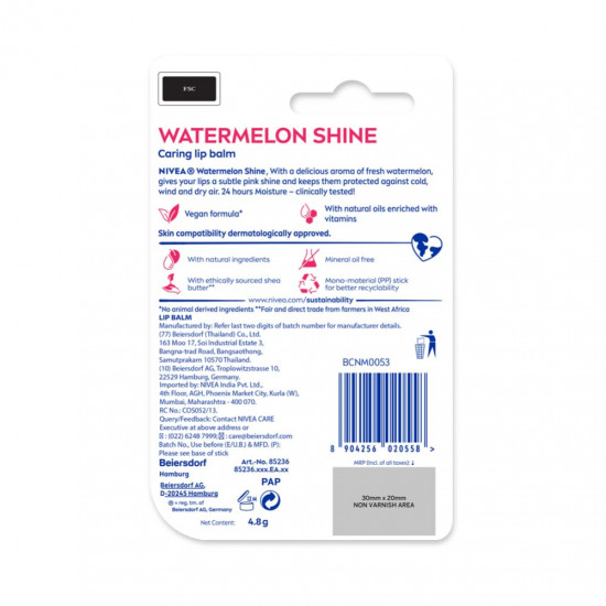 NIVEA Watermelon Shine 4.8g Lip Balm|24 H Melt in Moisture Formula|Natural Oils|Glossy Finish