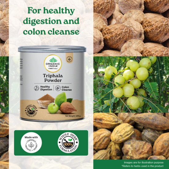 A TATA Product - Organic India Triphala Powder - 100g, Supports Immune System, Colon & Digestion, For Balanced Bowel & Gut Health, Contains Bioactives and Antioxidants, GMP & NPOP Certified Organic