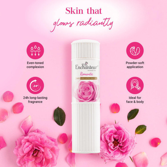 Enchanteur Romantic Perfumed Talcum Powder with Floral French Fragrance for Women| Refreshing & Soothing Talc with Fine Texture| Absorbs Moisture & Prevents Odour| 250g