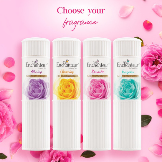 Enchanteur Romantic Perfumed Talcum Powder with Floral French Fragrance for Women| Refreshing & Soothing Talc with Fine Texture| Absorbs Moisture & Prevents Odour| 250g