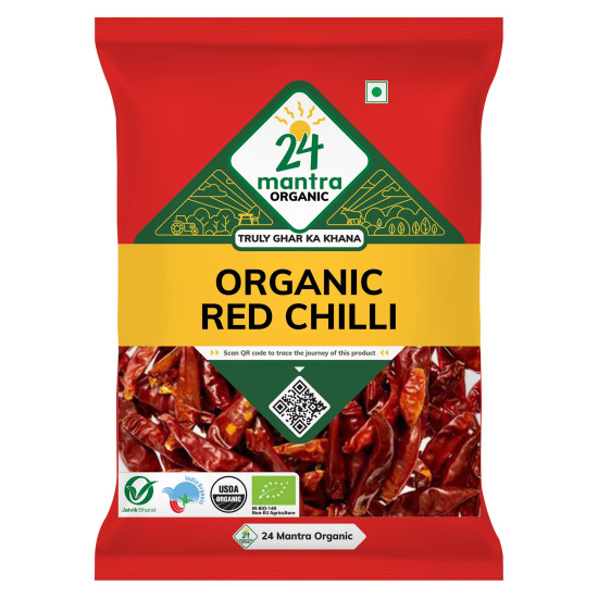 24 Mantra Organic Red Stick Chilly/Lal Mirch/Erra Mirapakaya - 100gms | Pack of 1 | 100% Organic | Chemical Free & Pesticides Free