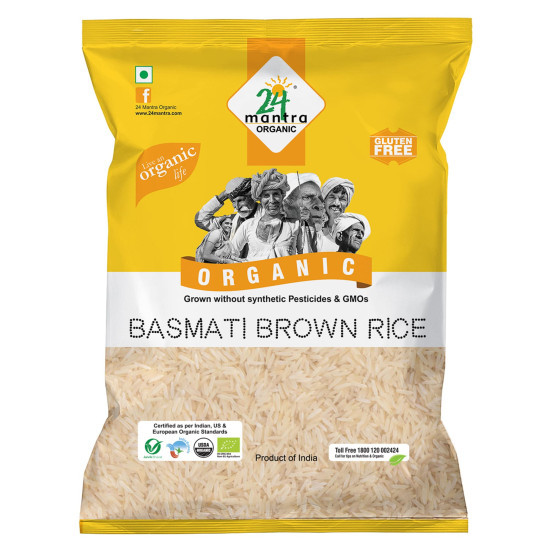 24 Mantra Organic Unpolished Basmati Rice Premium Brown/Basmati Brown Chawal - 1 Kg | Pack of 1 | 100% Organic | Chemical Free & Pesticides Free