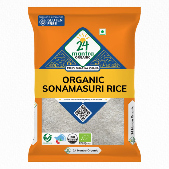 24 Mantra Organic Sonamasuri Polished Raw Rice/Sonamasoori Chawal - 5 Kg | Pack of 1 | 100% Organic | Chemical Free & Pesticides Free