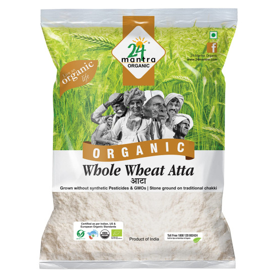 24 Mantra Organic Whole Wheat Atta Premium/Gehoon Atta/Godhuma Atta - 5 Kg | Pack of 1 | 100% Organic | Chemical Free & Pesticides Free | Made with Chakki Procedure