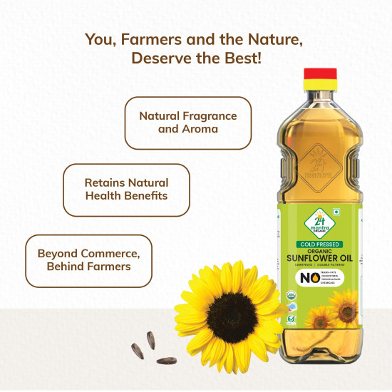 24 Mantra Organic Coldpressed Sunflower Oil 1L | Pack of 1 | 100% Organic | Chemical Free & Pesticides Free