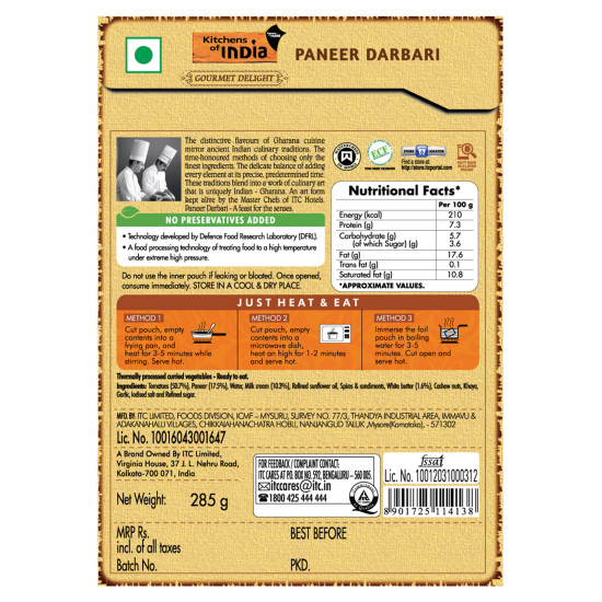 Kitchens of India Paneer Darbari, ITC Ready to Eat Indian Dish, Just Heat and Eat, 285g