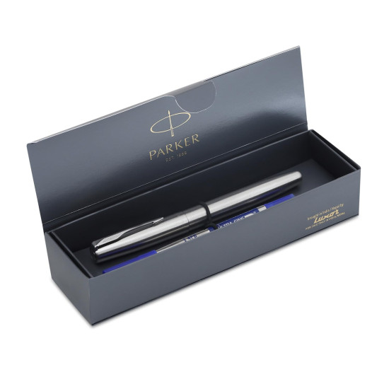 Parker Frontier Stainless Steel Chrome Trim Roller Ball Pen| Ink Color - Blue | Gift For Employees | Unique Gifts For Entrepreneurs Parker Frontier Stainless Steel Chrome Trim Roller Ball Pen| Ink Color - Blue | Gift For Employees | Unique Gifts For Entrepreneurs