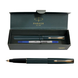 Parker Frontier Rollerball Pen | Gold trim | Ink Color Blue | Matte finish black Body | Premium Smooth Writing Pen designed for Students, Creators, and Professionals