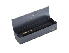 Parker Frontier Fountain Pen | Matte Black Body with Gold Trim | Blue Color Ink | Refillable Fine Nib Pen for Smooth Writing | A Premium Writing Experience for Everyone