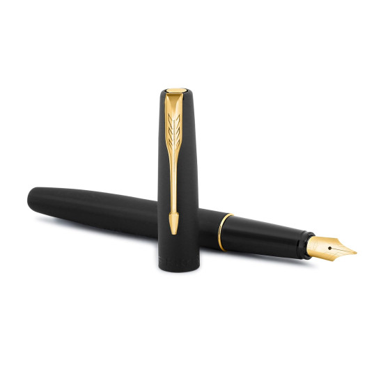 Parker Frontier Fountain Pen | Matte Black Body with Gold Trim | Blue Color Ink | Refillable Fine Nib Pen for Smooth Writing | A Premium Writing Experience for Everyone Parker Frontier Fountain Pen | Matte Black Body with Gold Trim | Blue Color Ink | Refillable Fine Nib Pen for Smooth Writing | A Premium Writing Experience for Everyone