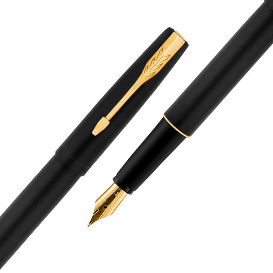 Parker Frontier Fountain Pen | Matte Black Body with Gold Trim | Blue Color Ink | Refillable Fine Nib Pen for Smooth Writing | A Premium Writing Experience for Everyone Parker Frontier Fountain Pen | Matte Black Body with Gold Trim | Blue Color Ink | Refillable Fine Nib Pen for Smooth Writing | A Premium Writing Experience for Everyone