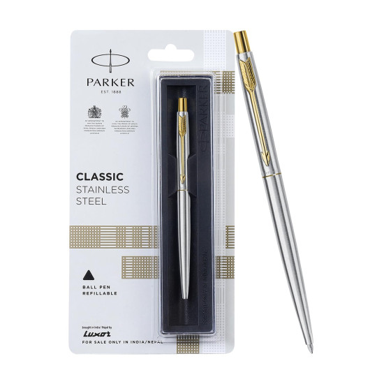 Parker Classic Stainless Steel Gold Trim Ball Pen | Blue Ink | Ballpoint Pen for Smooth Writing | Elegant Design and Great for Gifting or Celebrations Parker Classic Stainless Steel Gold Trim Ball Pen | Blue Ink | Ballpoint Pen for Smooth Writing | Elegant Design and Great for Gifting or Celebrations