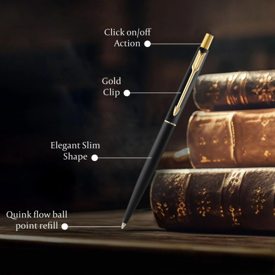 Parker Classic Matte Black Gold Trim Ball Pen| Ink Color - Blue | Unique Gift For Employees | Leading Pen For Corporate Parker Classic Matte Black Gold Trim Ball Pen| Ink Color - Blue | Unique Gift For Employees | Leading Pen For Corporate