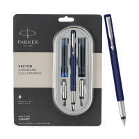 Parker Vector Standard Chrome Trim Calligraphy Fountain Pen | 7-Piece Set containts 2 Nibs, 2 Blue & 2 Black Ink Cartridges | Ideal for Creative Writing & Fine detailing