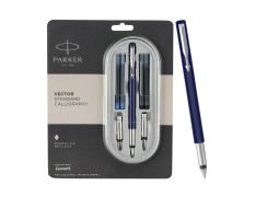 Parker Vector Standard Chrome Trim Calligraphy Fountain Pen | 7-Piece Set containts 2 Nibs, 2 Blue & 2 Black Ink Cartridges | Ideal for Creative Writing & Fine detailing
