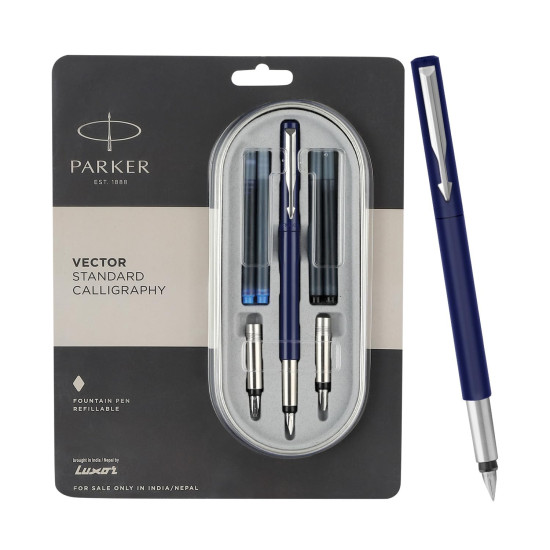 Parker Vector Standard Chrome Trim Calligraphy Fountain Pen | 7-Piece Set containts 2 Nibs, 2 Blue & 2 Black Ink Cartridges | Ideal for Creative Writing & Fine detailing Parker Vector Standard Chrome Trim Calligraphy Fountain Pen | 7-Piece Set containts 2 Nibs, 2 Blue & 2 Black Ink Cartridges | Ideal for Creative Writing & Fine detailing