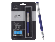 Parker Vector Mettalix Fountain Pen with Quink Ink Bottle | Ink Color Blue | Blue Body with Chrome Trim, Refillable Fine Nib Pen | Smooth Writing Gift Set for Students, Writers, and Professionals