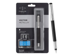Parker Vector Mettalix Chrome Trim Fountain Pen with Quink Ink Bottle - Blue | Refillable Fountain Pen for Professionals, Students | Ergonomically crafted for comfortable, fatigue-free writing