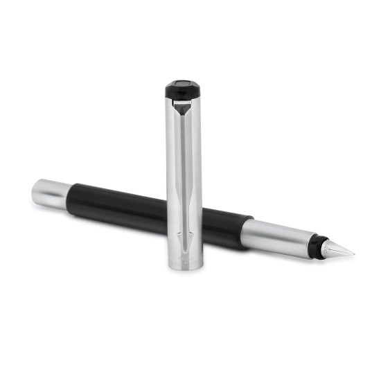 Parker Vector Mettalix Chrome Trim Fountain Pen with Quink Ink Bottle - Blue | Refillable Fountain Pen for Professionals, Students | Ergonomically crafted for comfortable, fatigue-free writing Parker Vector Mettalix Chrome Trim Fountain Pen with Quink Ink Bottle - Blue | Refillable Fountain Pen for Professionals, Students | Ergonomically crafted for comfortable, fatigue-free writing