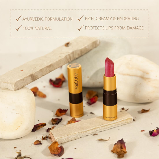 SoulTree Ayurvedic Lipstick - Colour Deep Blush 820, 4gm | Creamy Texture | Enriched with Organic Ghee & Almond Oil | Moistured & Nourished Lips | 4gm