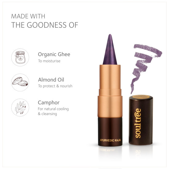 SoulTree Ayurvedic Kajal | Voilet Bainganee Kajal 012 | Purple Shade | Enriched with 100% Organic Ghee, Almond Oil & Camphor | Soothe, Cool & Nourish Eyes | 3gm
