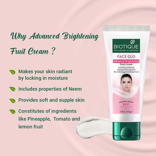 Biotique Face Glo Advance Brightening Fruit Cream | Visibly Flawless Skin | Lightens Skin Tone | 100% Botanical Extracts | Suitable for All Skin Types | 50g
