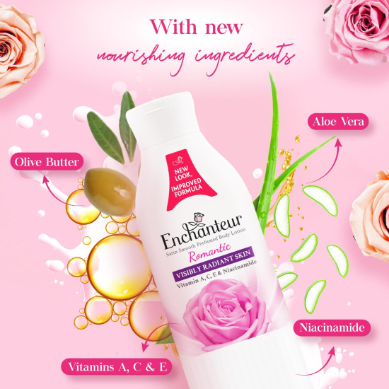 Enchanteur Romantic Perfumed Body Lotion, 250ml | With Vitamin A, C, E & Niacinamide | Fast Absorbing, Hydrating, Water Based, Non-Greasy, Floral French Fragrance for Silky Smooth Skin Enchanteur Romantic Perfumed Body Lotion, 250ml | With Vitamin A, C, E & Niacinamide | Fast Absorbing, Hydrating, Water Based, Non-Greasy, Floral French Fragrance for Silky Smooth Skin