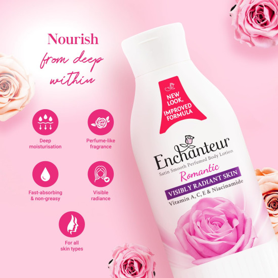 Enchanteur Romantic Perfumed Body Lotion, 250ml | With Vitamin A, C, E & Niacinamide | Fast Absorbing, Hydrating, Water Based, Non-Greasy, Floral French Fragrance for Silky Smooth Skin Enchanteur Romantic Perfumed Body Lotion, 250ml | With Vitamin A, C, E & Niacinamide | Fast Absorbing, Hydrating, Water Based, Non-Greasy, Floral French Fragrance for Silky Smooth Skin