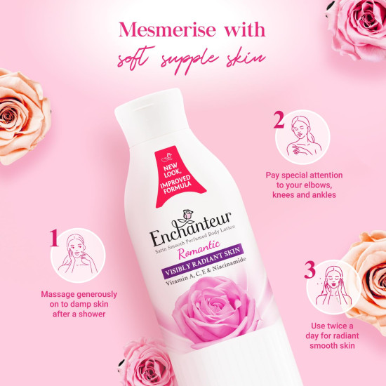 Enchanteur Romantic Perfumed Body Lotion, 250ml | With Vitamin A, C, E & Niacinamide | Fast Absorbing, Hydrating, Water Based, Non-Greasy, Floral French Fragrance for Silky Smooth Skin Enchanteur Romantic Perfumed Body Lotion, 250ml | With Vitamin A, C, E & Niacinamide | Fast Absorbing, Hydrating, Water Based, Non-Greasy, Floral French Fragrance for Silky Smooth Skin
