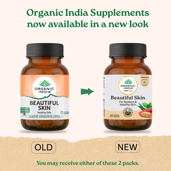 A TATA Product - Organic India Beautiful Skin Capsules - 60 Veg Caps, For Healthy, Radiant & Glow, Helps Rejuvenate Skin & Naturally Purify The Blood, GMP & NPOP Certified Organic