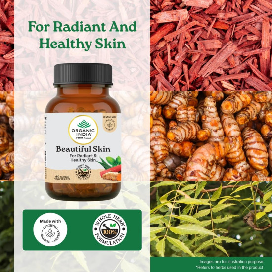 A TATA Product - Organic India Beautiful Skin Capsules - 60 Veg Caps, For Healthy, Radiant & Glow, Helps Rejuvenate Skin & Naturally Purify The Blood, GMP & NPOP Certified Organic