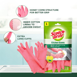 Scotch-Brite Lemon Scented Kitchen Gloves, extra long cuffs for mess-free hands , better grip, inner lining for Sweat absorption (Large, 1 pair)