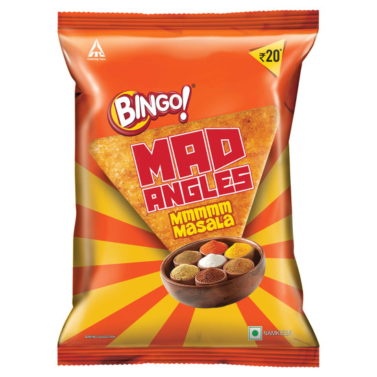 Bingo! Mad Angles Mmmmm Masala – Masala Flavoured Corn-Based Triangle Chips Pack for Snacks - 66g