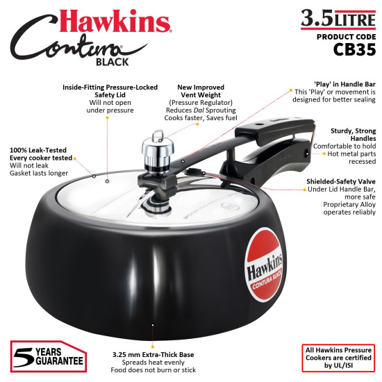 Hawkins 3.5 Litre Contura Black Pressure Cooker, Hard Anodised Inner Lid Cooker, Handi Cooker, Black (CB35)