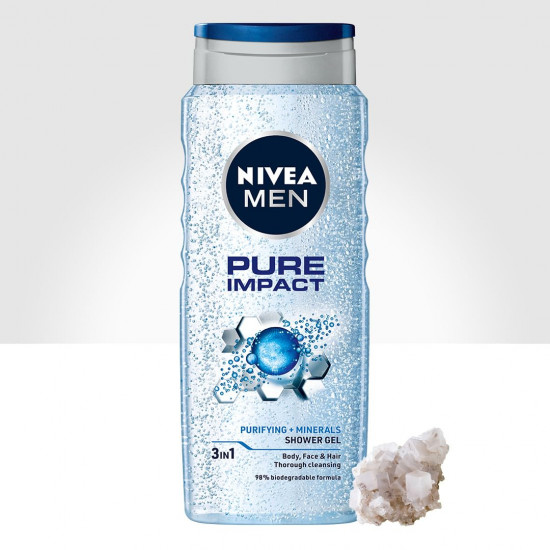 NIVEA MEN Pure Impact 500ml Body Wash| Shower Gel for Face, Body & Hair| Purifying Micro Particles for Extra Fine Scrub & Instant Summer Freshness|Clean, Healthy & Moisturized Skin