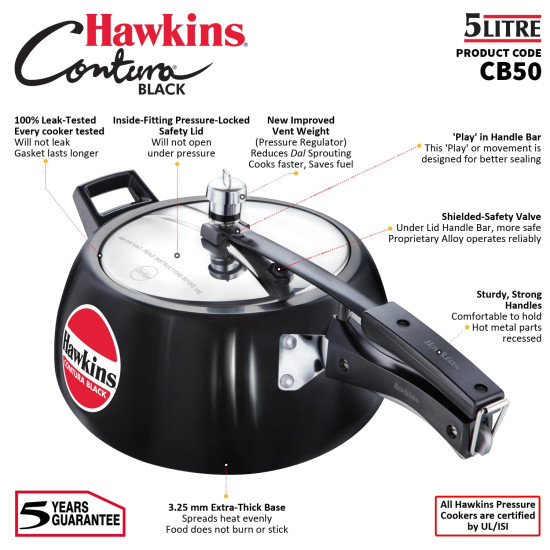 Hawkins Contura Black Pressure Cooker, 5 Litre, Black (CB50)