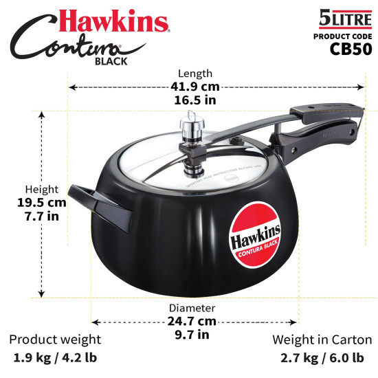 Hawkins Contura Black Pressure Cooker, 5 Litre, Black (CB50)