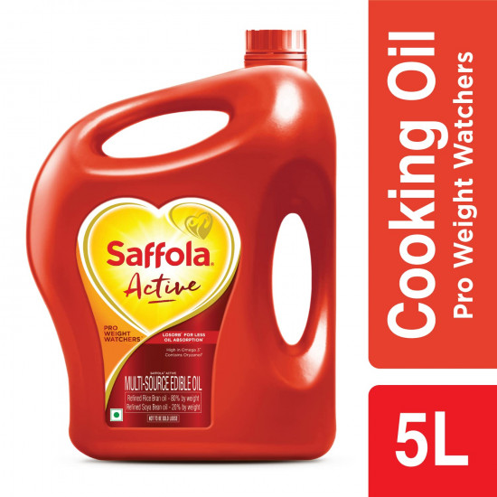 Saffola Active Refined Oil|Blend of Rice Bran Oil & Soyabean Oil|Cooking Oil|Pro Weight Watchers Edible Oil 5 litre Jar
