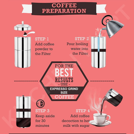 Kitchen Mart Stainless Steel South Indian Filter Coffee Drip Maker, Madras Kappi, Drip Decotion Maker 200ml Medium size (2-4 Cup)