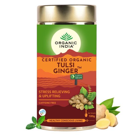 A TATA Product - Organic India Tulsi Ginger Tea - 100g, Rich in Antioxidants, Supports Digestion, Stress Relieving, Helps Boost Metabolism, Caffeine-Free, Whole Herbs